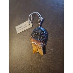 Starborn Creations Hand Carved Owl Pendant Crafted Fossil Palm Wood  925 Silver